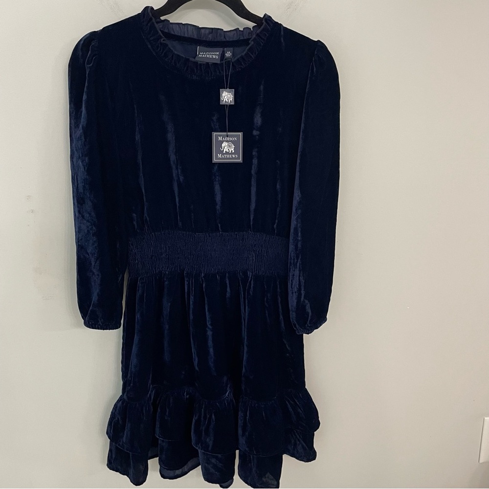 NWT Madison Mathews Velvet Long Sleeve Mini Dress Size  XS Holiday Ruffle.   G42